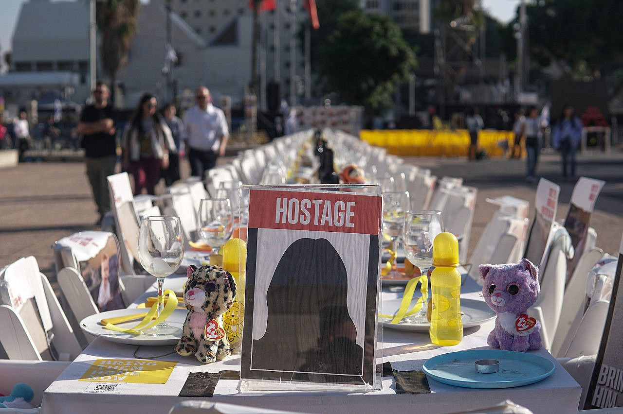 An installation calling for the return of Israeli hostages held in Gaza, "Hostages Square," Tel Aviv. (Alice Austin)