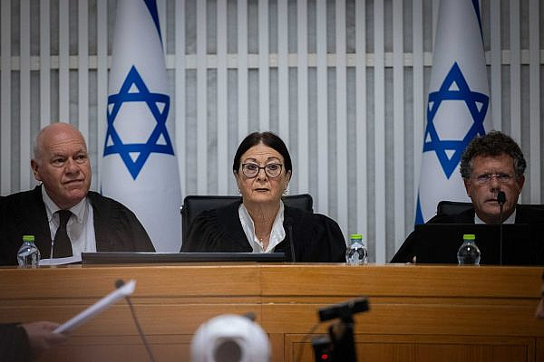 Israeli Supreme Court President Esther Hayut and Supreme Court Justices at a court hearing on petitions against the government's "Reasonableness Bill," at the Supreme Court in Jerusalem, September 12, 2023. (Yonatan Sindel/Flash90)