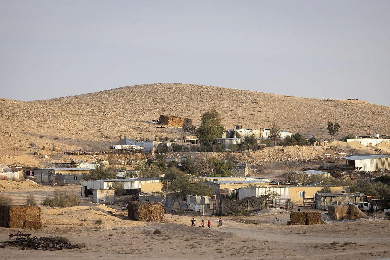 A view over the unrecognized Bedouin village of Al-Bat, where six people were killed by rockets fired from Gaza on October 7. (Oren Ziv)