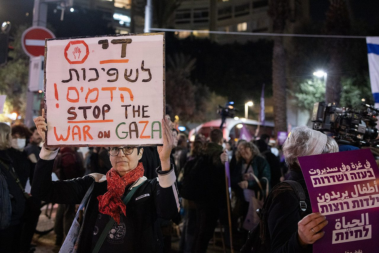 Over 1,000 people attend a demonstration against Israel's war on Gaza in Tel Aviv, January 18, 2024. (Oren Ziv)