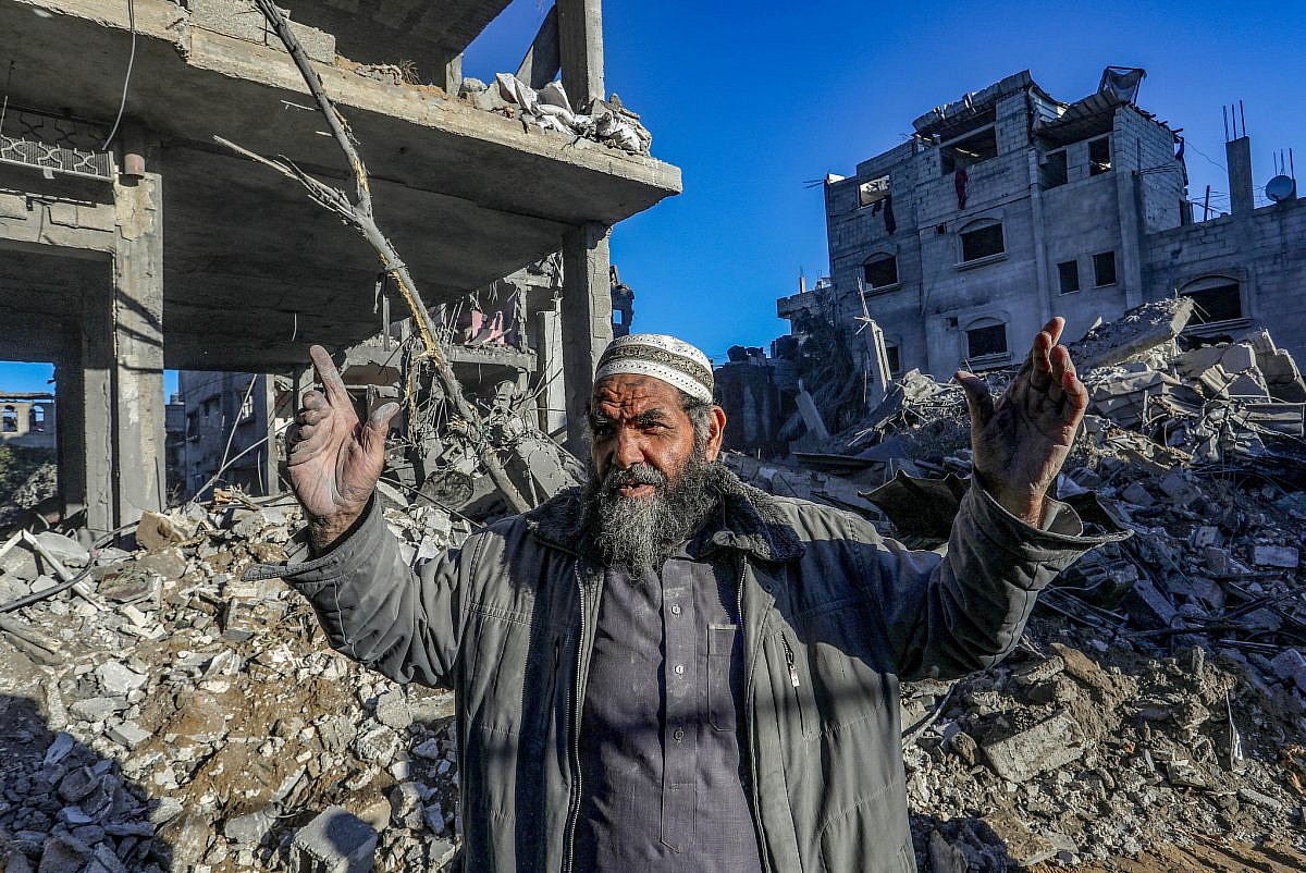 A Palestinian man is seen at the site of an Israeli airstrike in Rafah, southern Gaza Strip, December 15, 2023. (Abed Rahim Khatib/Flash90)