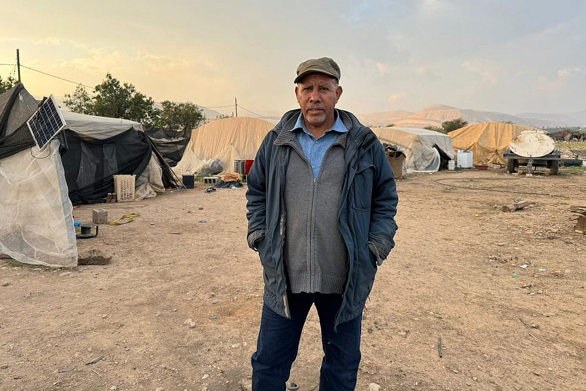 Musa Mleihat in front of the tent that is now his home, near Fasayil, occupied West Bank. (Yuval Abraham)
