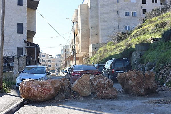 Large boulders block the entry and exit of cars outside Beit Jala, occupied West Bank. (Yuval Abraham)