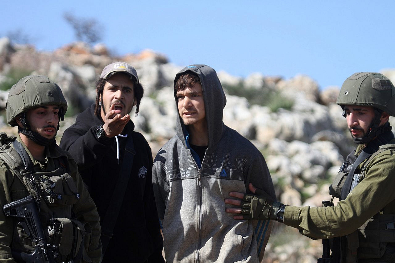 Israeli soldiers stand with settlers as Palestinians plant trees between the settlement of Ariel and the town of Salfit in the northern occupied West Bank, February 3, 2022. (Nasser Ishtayeh/Flash90)