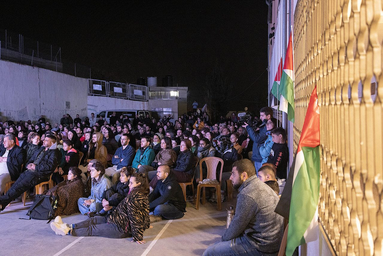 Screening of ‘No Other Land’ in At-Tuwani, Masafer Yatta, occupied West Bank, March 14, 2024. (Oren Ziv)