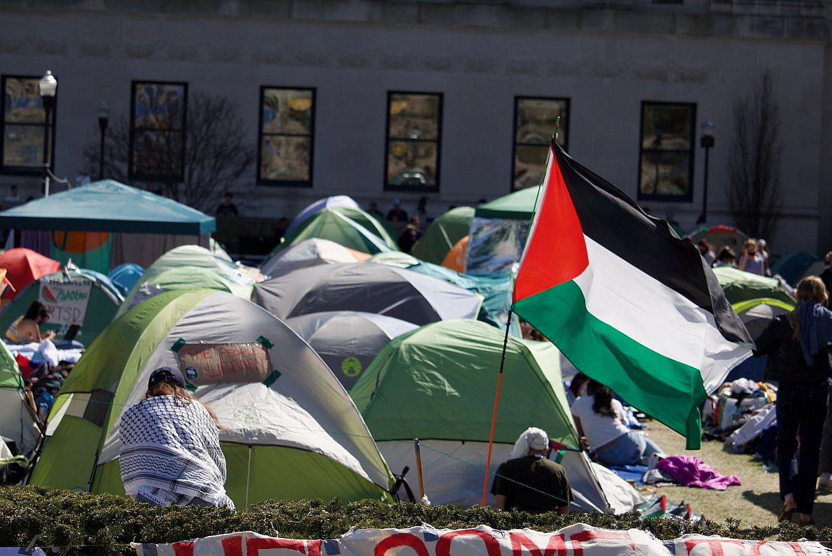 A protest encampment for Palestine at Columbia University, New York, April 23, 2024. (Pamela Drew/CC BY-NC 2.0 DEED)
