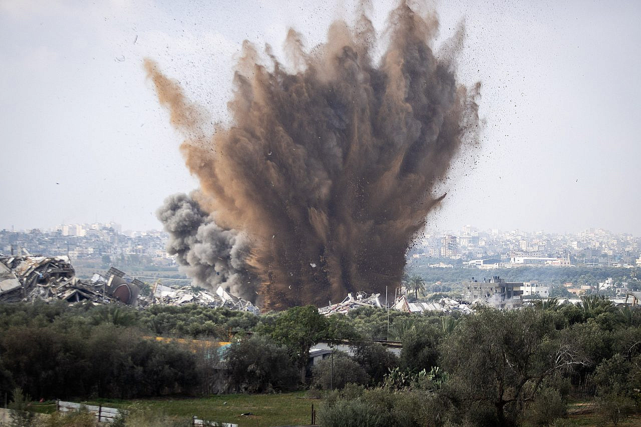 An Israeli airstrike in Al-Bureij refugee camp in central Gaza, January 2, 2024. (Oren Ben Hakoon/Flash90)