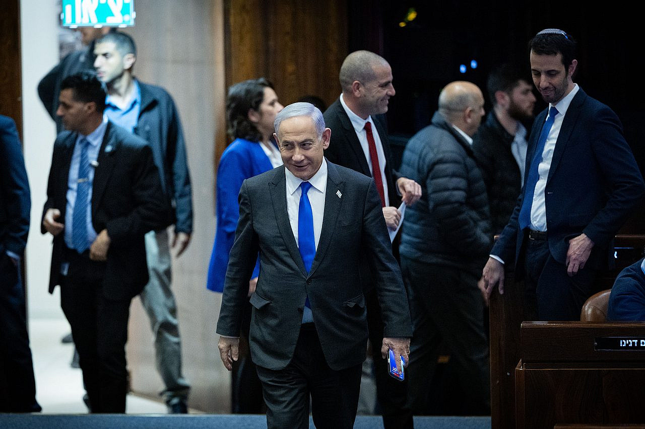Israeli Prime Minister Benjamin Netanyahu attends a discussion and vote on the state budget at the assembly hall of the Knesset in Jerusalem, February 7, 2024. (Yonatan Sindel/Flash90)