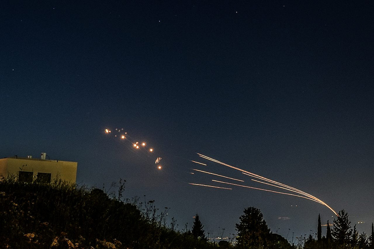 Israeli's Iron Dome anti-missile system intercepts rockets fired from Lebanon, as seen from the Hula Valley, April 12, 2024. (Ayal Margolin/Flash90)
