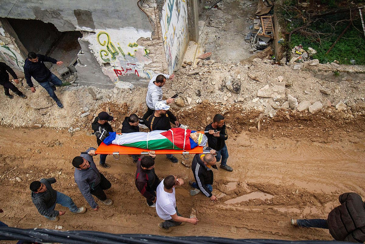 Mourners attend the funeral of four Palestinians killed by Israeli drone strikes in the Nur Shams refugee camp, Tulkarm, occupied West Bank, March 21, 2024. (Wahaj Bani Moufleh/Activestills)