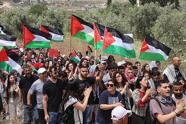 Protesters wave Palestinian flags during the 27th annual March of Return in the depopulated villages of Hawsha and Al-Kasair, northern Israel, May 14, 2024. (Ahmad Al-Bazz)