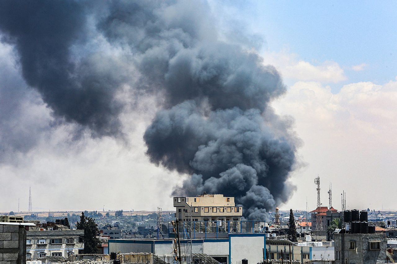 Smoke rises after an Israeli air strike in Rafah, in the southern Gaza Strip, May 7, 2024. (Abed Rahim Khatib/Flash90)