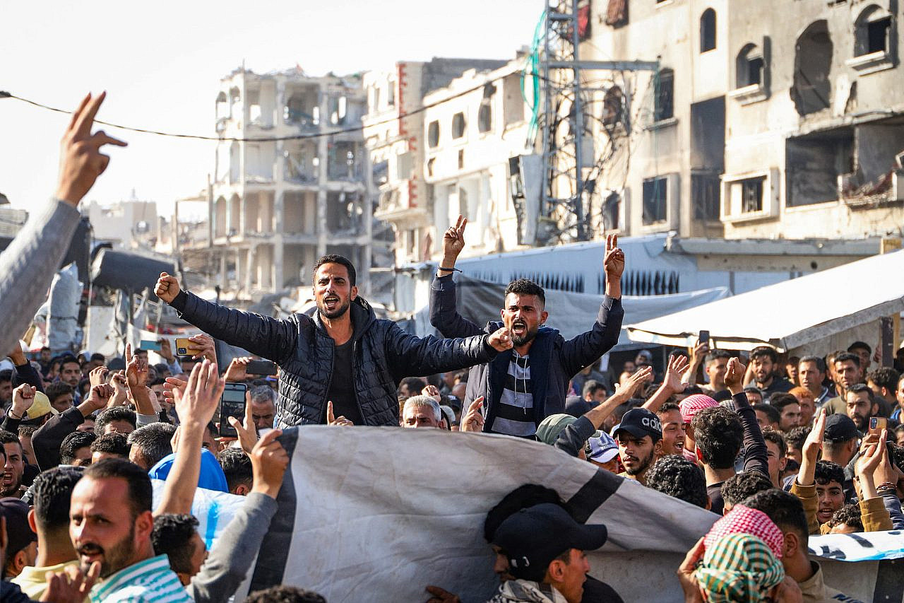 Palestinians take part in a protest calling for the end of the war and of Hamas' rule in Gaza, Beit Lahiya, northern Gaza Strip, March 26, 2025. (Flash90)