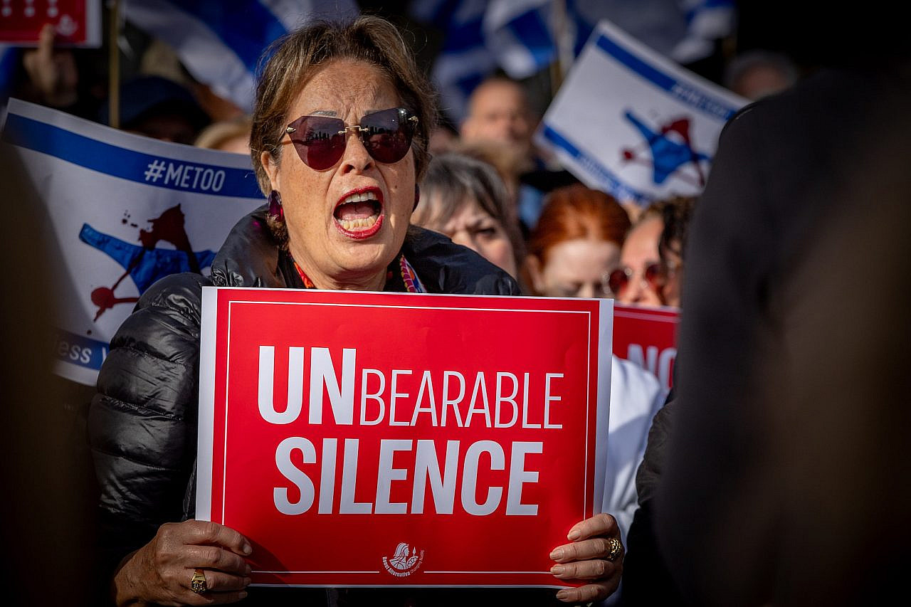 A demonstrator protests outside the United Nations headquarters in New York City, calling attention to sexual violence against women during Hamas’ October 7 attack on Israel, December 4, 2023. (Yakov Binyamin/Flash90)