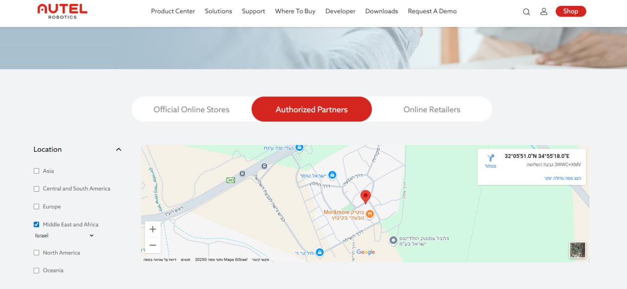 A screenshot from Autel's website showing the address of the Israeli company LOOLTV among its 'authorized partners', taken on July 11, 2025. It has since been removed from the company's website.