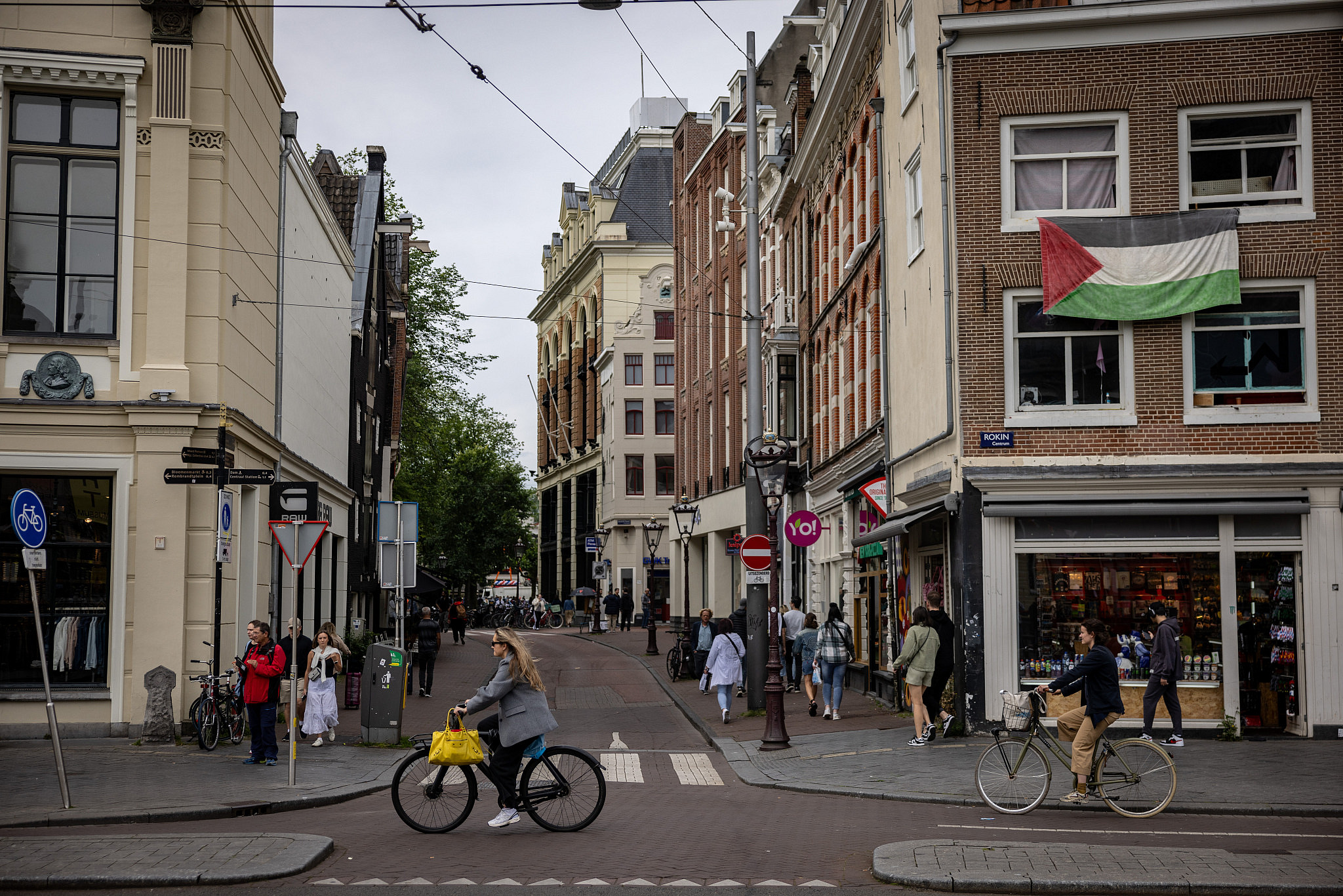 A Palestinian flag hangs on a building in Amsterdam, Holland, June 20, 2024. (Chaim Goldberg/Flash90)