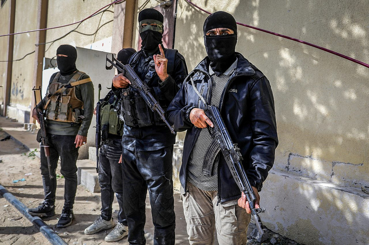 Masked members of Hamas arrest several members of Yasser Abu Shabab's militia, who are accused of collaborating with the Israeli army, according to Hamas members, southern Gaza Strip, October 22, 2025. (Saeed Mohammed/Flash90)