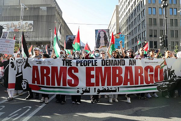Palestine solidarity protestors take to the streets in Montreal, Canada to protest Israel's genocide in Gaza, October 4, 2025. (Haidi Motola/Activestills)