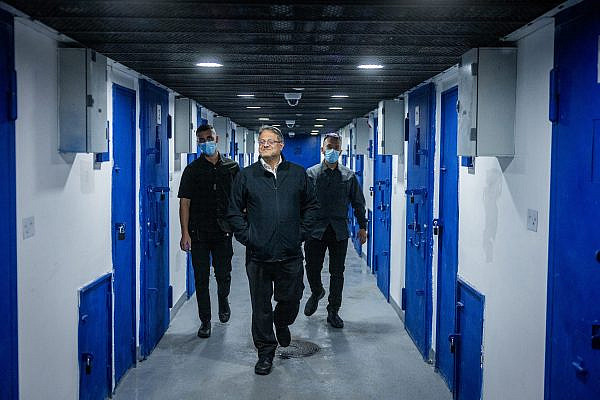 Israel's National Security Minister Itamar Ben Gvir visits a prison in central Israel, where suspected Hamas and Hezbollah militants are held, January 8, 2025. (Chaim Goldberg/Flash90)