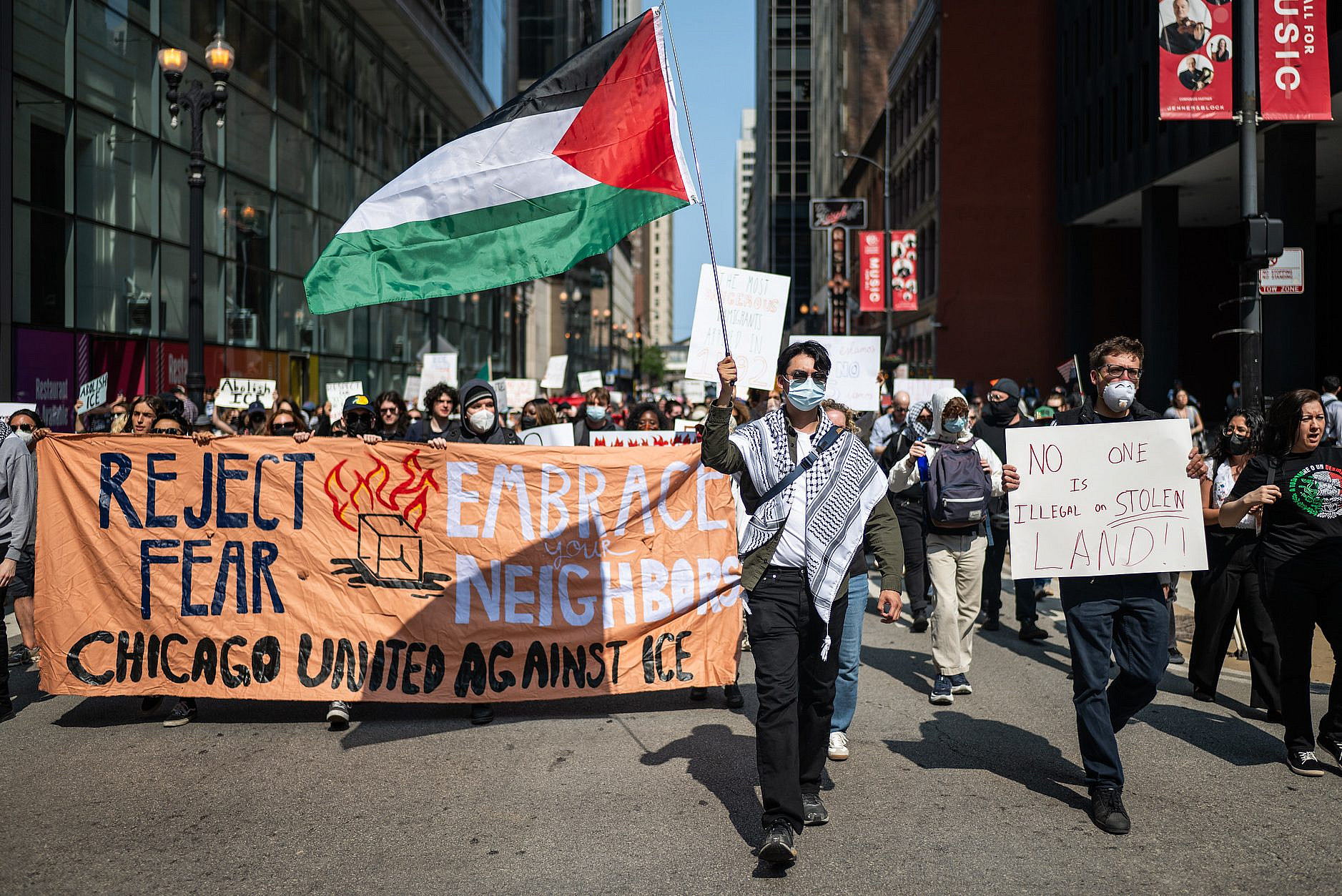 A Palestinian flag at a protest against U.S. Immigrations and Customs Enforcement (ICE) in Chicago, June 10, 2025. (Paul Goyette/CC BY 2.0)