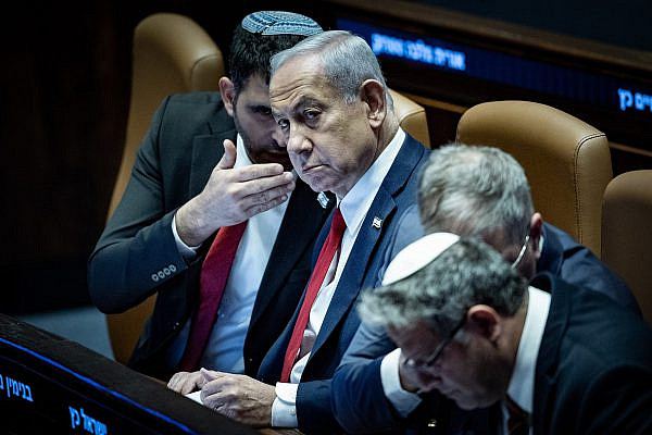 Israeli Prime Minister Benjamin Netanyahu and ministers at the Knesset, March 26, 2025. (Yonatan Sindel/Flash90)