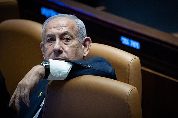 Israeli Prime Minister Benjamin Netanyahu, Ministers and MKs attend a 40 signatures debate, at the plenum hall of the Knesset, the Israeli parliament in Jerusalem, November 10, 2025. (Yonatan Sindel/Flash90)