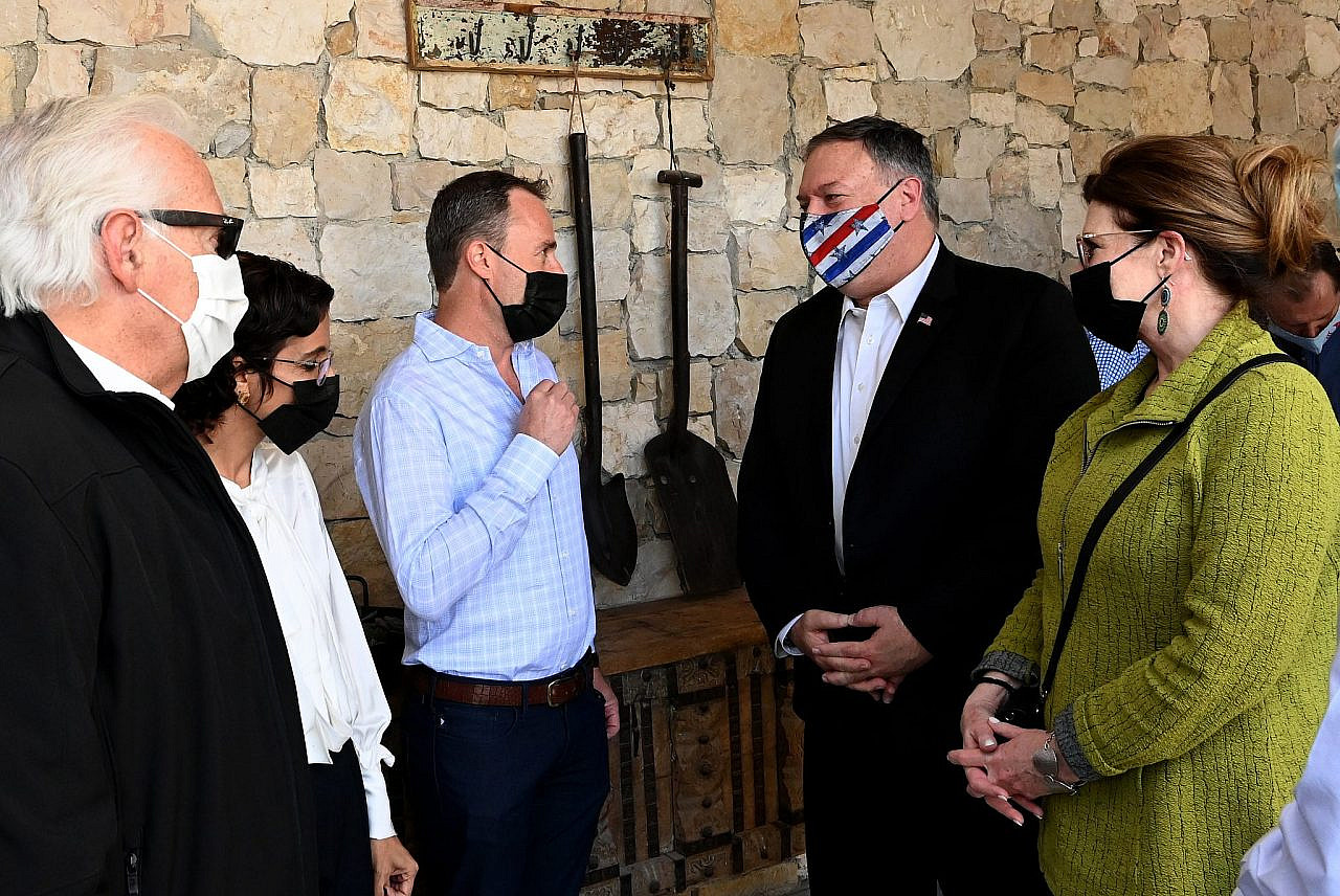 Then-U.S. Secretary of State Michael R. Pompeo and his wife Susan visit Psagot Winery in the occupied West Bank, November 19, 2020. (Matty Stern/U.S. Embassy Jerusalem)