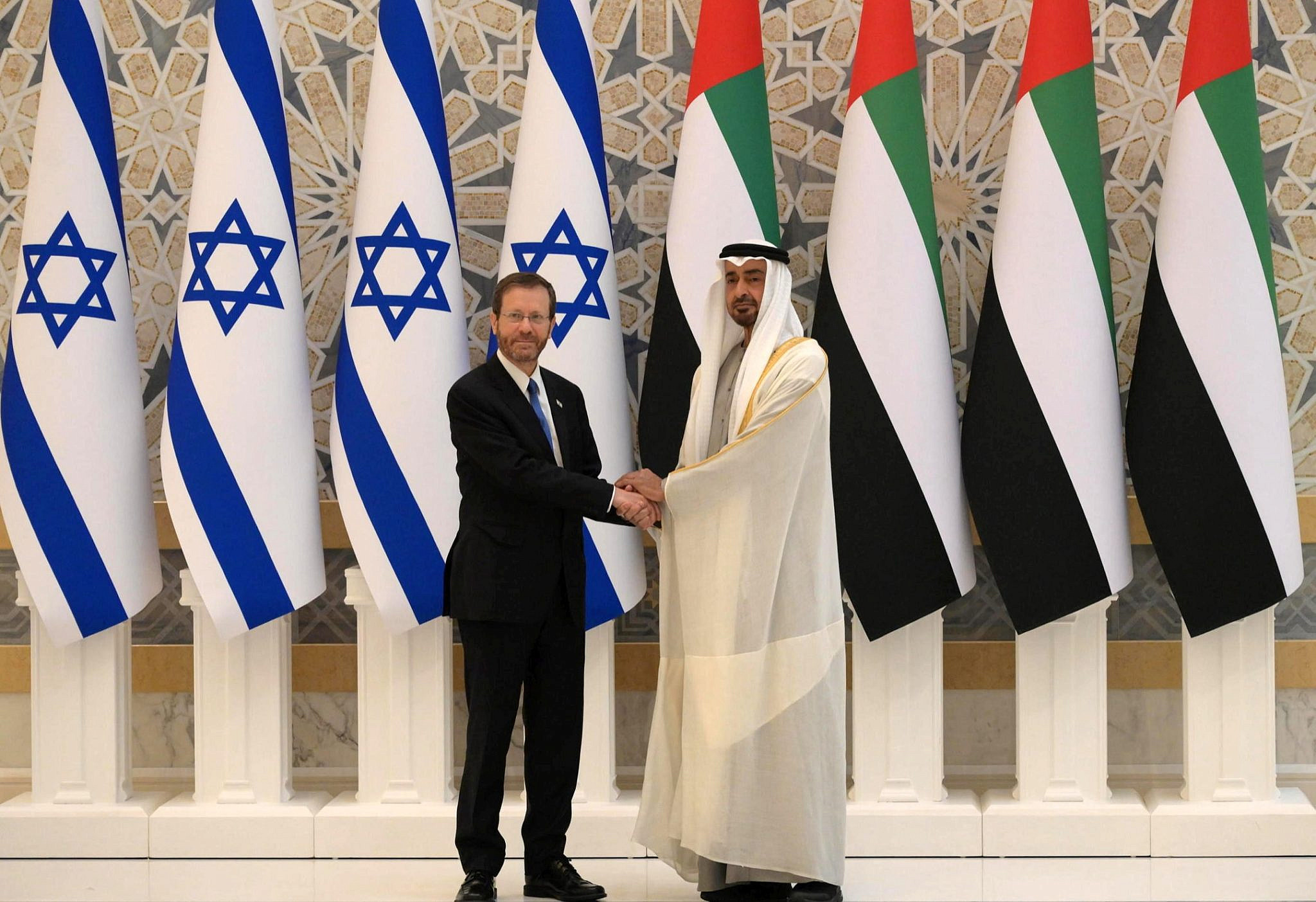 President of Israel, Isaac Herzog, in a meeting with the Crown Prince of Abu Dhabi, Mohamed bin Zayed Al Nahyan, in Abu Dhabi, United Arab Emirates, January 30, 2022. (Amos Ben Gershom)