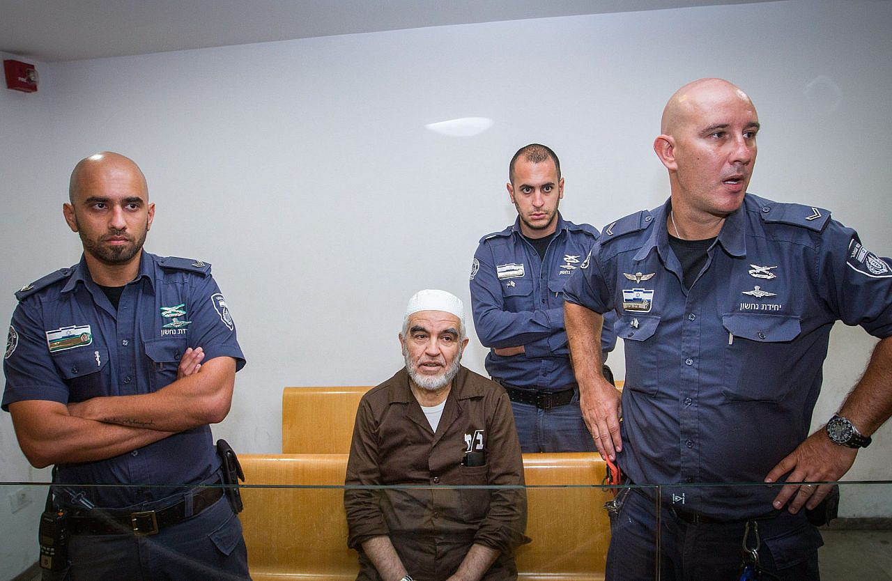 Sheikh Raed Salah, leader of the northern branch of the Islamic Movement in Israel, arrives for a court hearing in Haifa, July 5, 2018. (Meir Vaknin/Flash90)