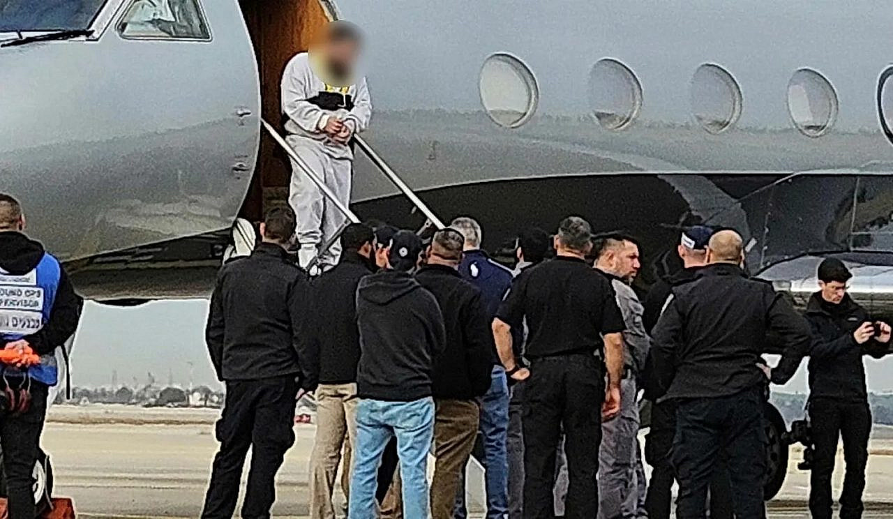 Maher Awad steps off the private jet that deported him and seven other Palestinian men from the United States to Israel, January 21, 2026. (Source unknown)