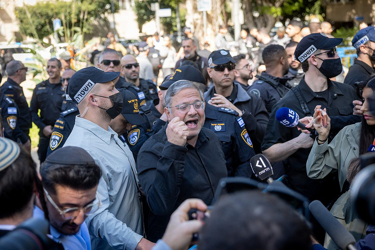 Israeli Minister of National Security Itamar Ben-Gvir at the scene where a ballistic missile fired from Iran hit Tel Aviv overnight, causing heavy damage, March 1, 2026. (Chaim Goldberg/Flash90)