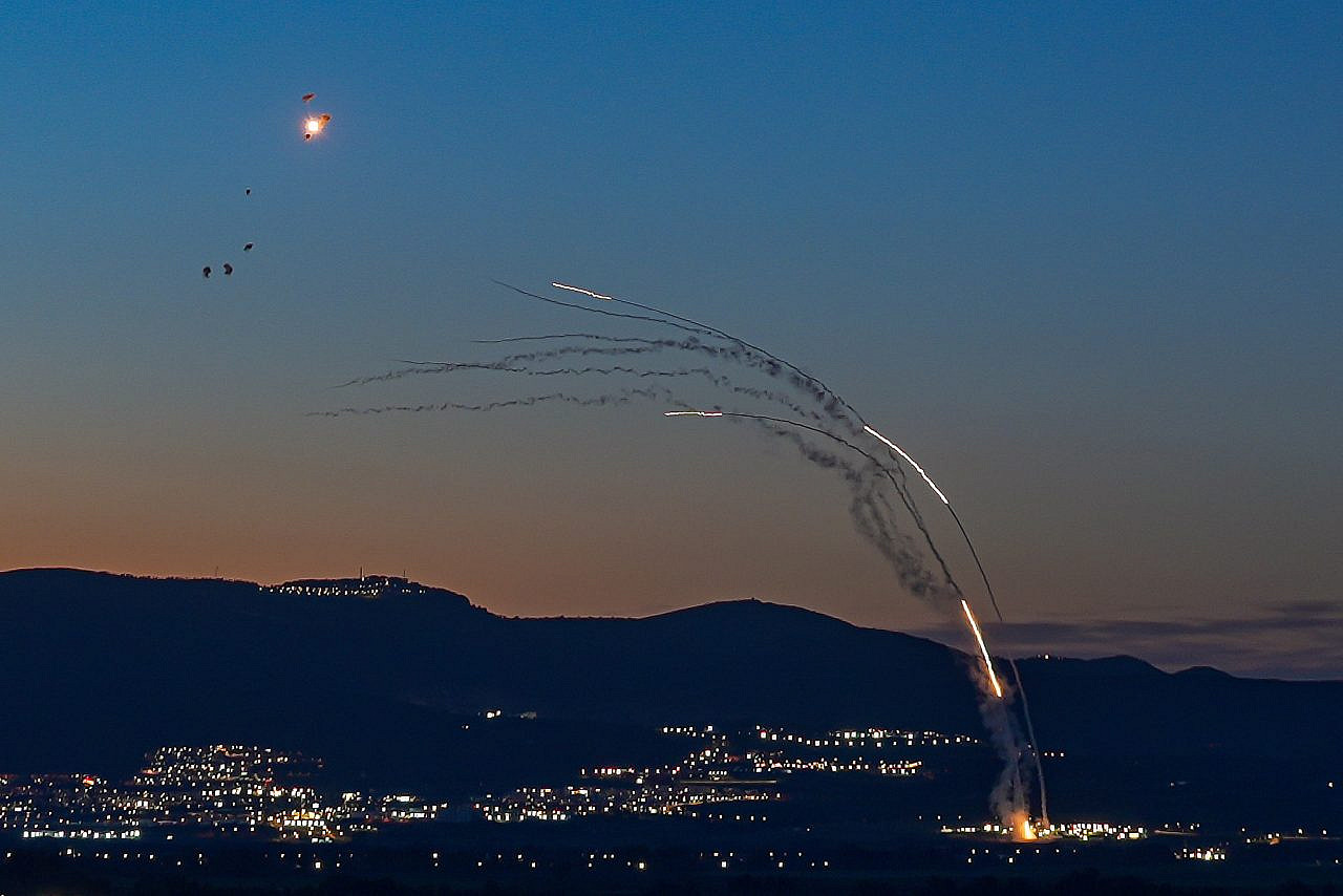 Anti-missile batteries fire interception missiles toward incoming ballistic missiles launched from Lebanon, as seen in northern Israel, during the war with Iran and Hezbollah, March, 16, 2026. (Ayal Margolin/Flash90)