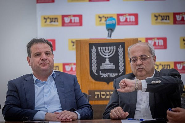 Hadash MK Ayman Odeh and Ta'al MK Ahmad Tibi seen during a Hadash–Ta'al faction meeting, at the Knesset in Jerusalem, June 10, 2024. (Chaim Goldberg/Flash90)