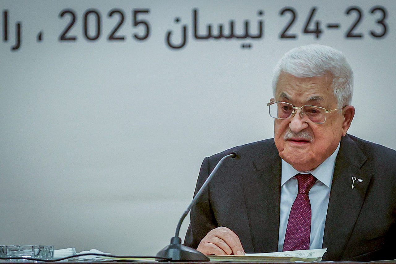 Palestinian Authority President Mahmoud Abbas at the opening session of the Palestinian Central Council, in the occupied West Bank city of Ramallah, April 23, 2025. (Flash90)