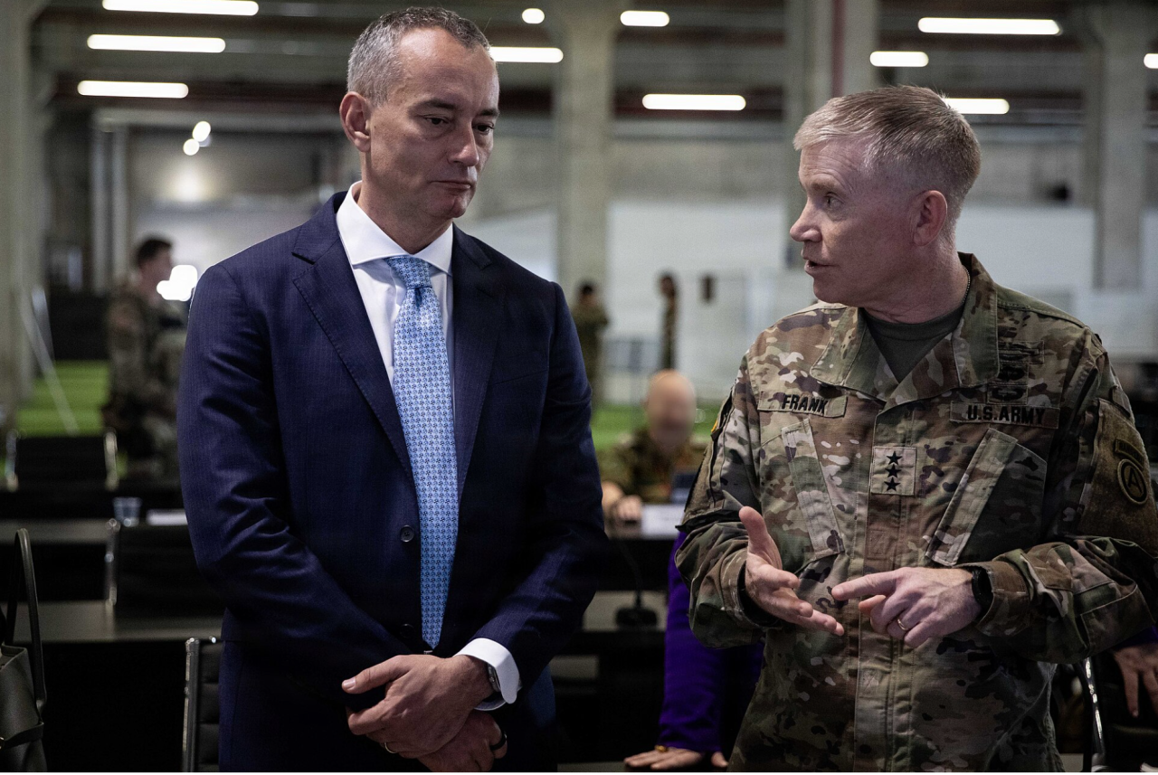 U.S. Army Lt. Gen. Patrick Frank, commander of U.S. Army Central, briefs Nickolay Mladenov, High Representative for the Administration of Gaza and Executive Board Member to the Board of Peace at the Civil-Military Coordination Center in Kiryat Gat, Jan. 27, 2026. (Staff Sgt. Mike Ito/U.S. Army)
