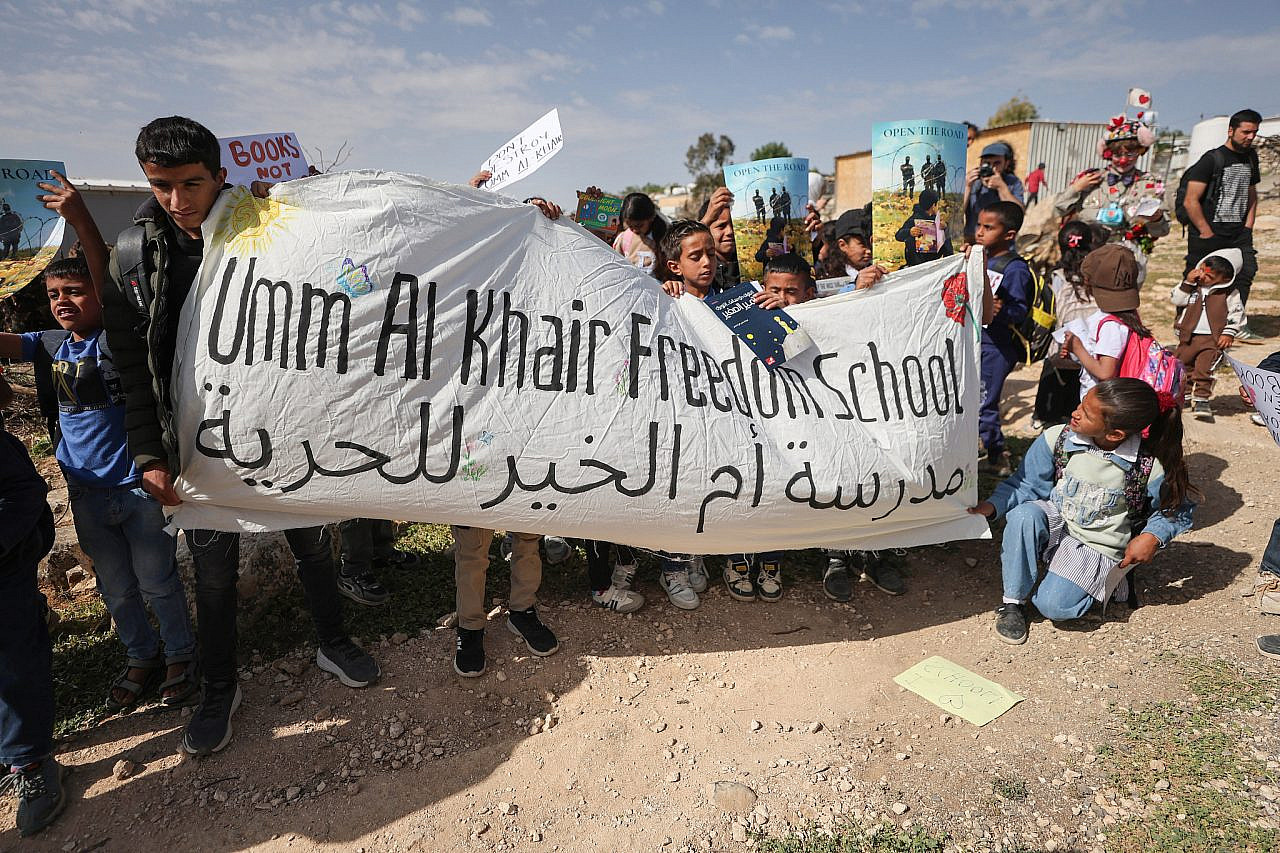 Children of Umm Al-Khair continue their protest against the closure of the path leading to their school, which was blocked by settlers two weeks earlier, Masafer Yatta, occupied West Bank, April 26, 2026. (Mosab Shawer/Activestills)