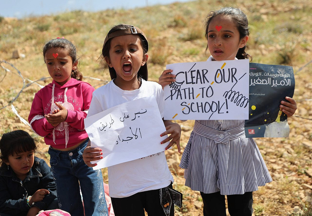 Children of Umm Al-Khair continue their protest against the closure of the path leading to their school, which was blocked by settlers two weeks earlier, Masafer Yatta, occupied West Bank, April 26, 2026. (Mosab Shawer/Activestills)
