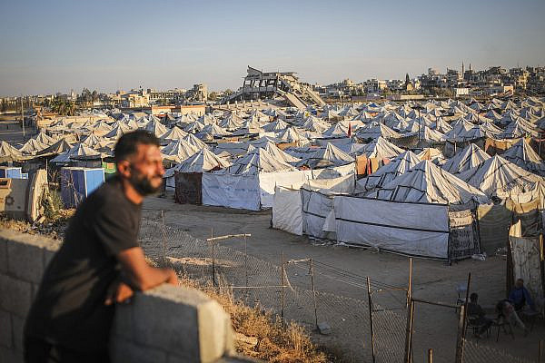 Displaced Palestinians seen near their tents in Gaza City, June 1, 2026. (Ali Hassan/Flash90)