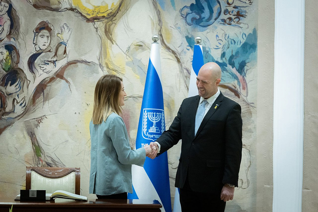 President of the European Parliament Roberta Metsola meets with speaker of the Knesset Amir Ohana, during her visit at the Knesset, Israeli parliament, in Jerusalem, February 13, 2025. (Chaim Goldberg/Flash90)
