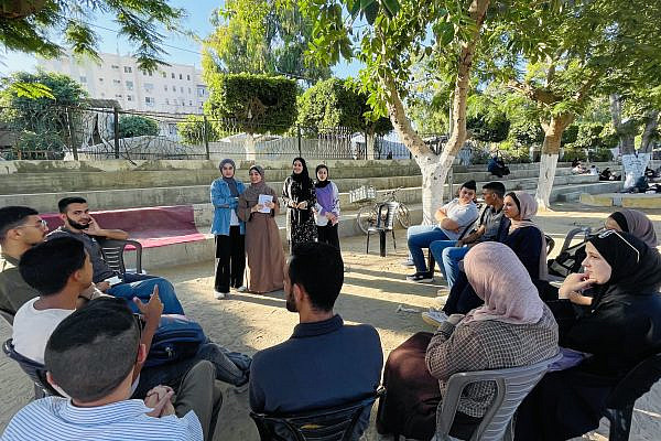 Members of "Gaza English Corner" meet in a park in Gaza City, August 2026. (Said Alsaloul)