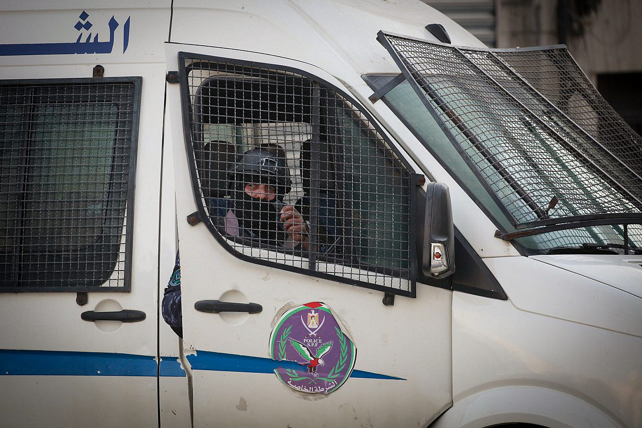Palestinian Authority security forces are seen inside a vehicle in Jenin, on December 16, 2024. (Nasser Ishtayeh/Flash90)