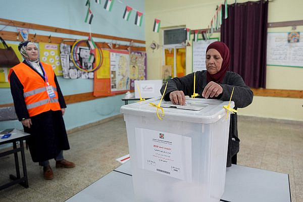Palestinians vote during the Palestinian local elections, in the West Bank city of Al-Bireh, April 25, 2026. (Flash90)