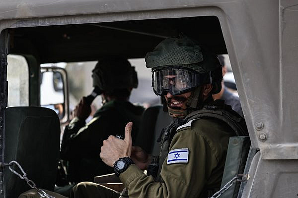 Israeli soldiers seen near the Israeli border with the Gaza Strip, October 9, 2025. (Tsafrir Abayov/Flash90)