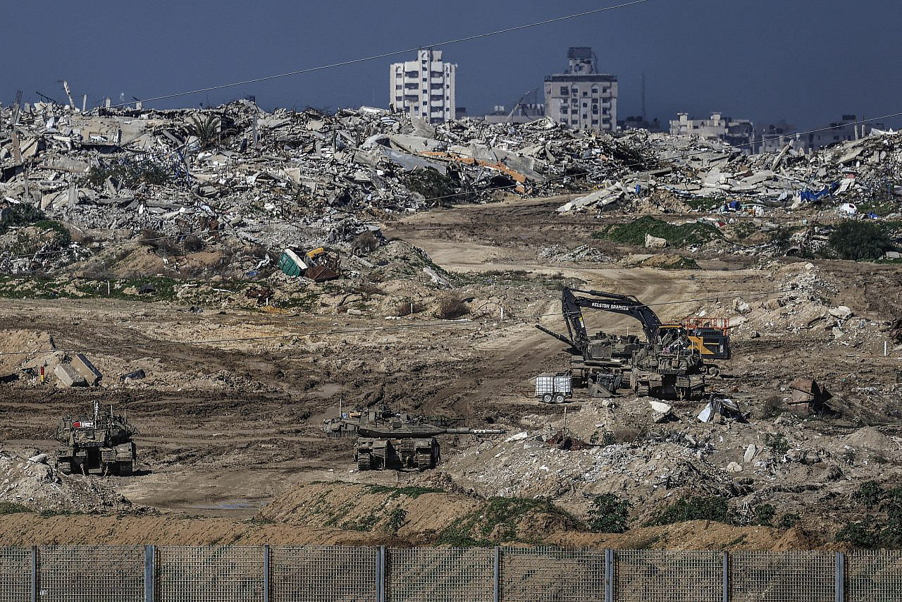 Israeli military vehicles and bulldozers seen operating inside the Gaza Strip, January 15, 2026. (Tsafrir Abayov/Flash90)