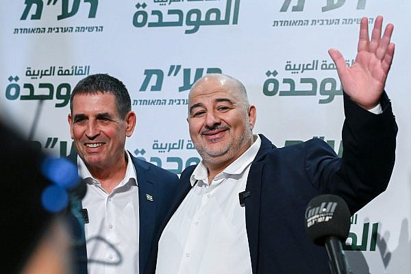 Head of Ra'am Mansour Abbas holds a joint press conference with new party member Yoav Segalovich in Nazareth, August 31, 2026. (Michael Giladi/Flash90)