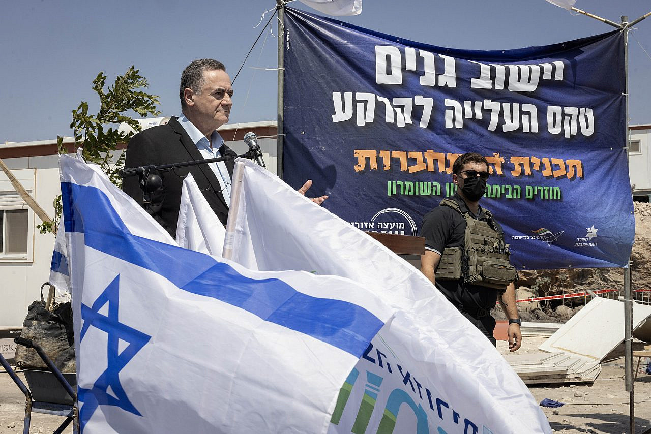 Israeli Defense Minister Israel Katz at the re-establishment of the Ganim settlement near the West Bank city of Jenin, which was dismantled in 2005 as part of Israel's 'disengagement' from Gaza, August 13, 2026. (Oren Ziv)