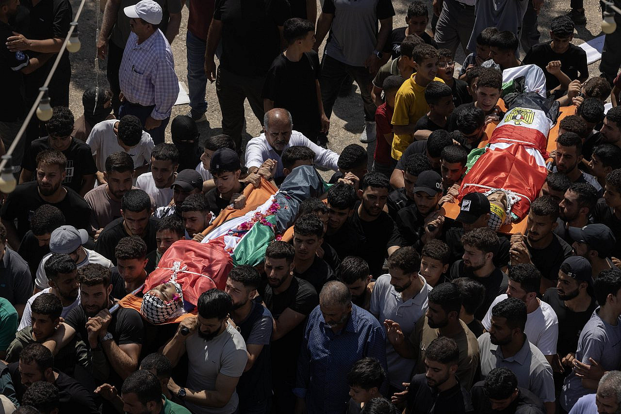 The funeral of 16-year-old Khalil Abu Alia and 19-year-old Omar Na’asan who were killed during a coordinated attack by Israeli settlers and soldiers, in the Palestinian village of Al-Mughayyir, occupied West Bank, September 3, 2026. (Oren Ziv)