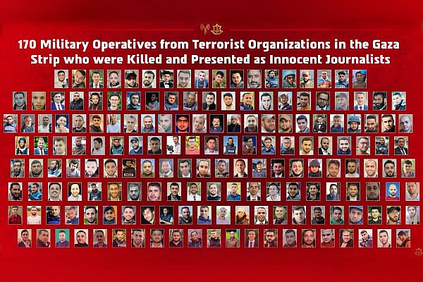 A screenshot of the 170 Palestinian journalists the Israeli army alleges were "terrorists" in a video announcing the release of "The Press Files," Oct. 1, 2026. (Israel Defense Forces/YouTube)