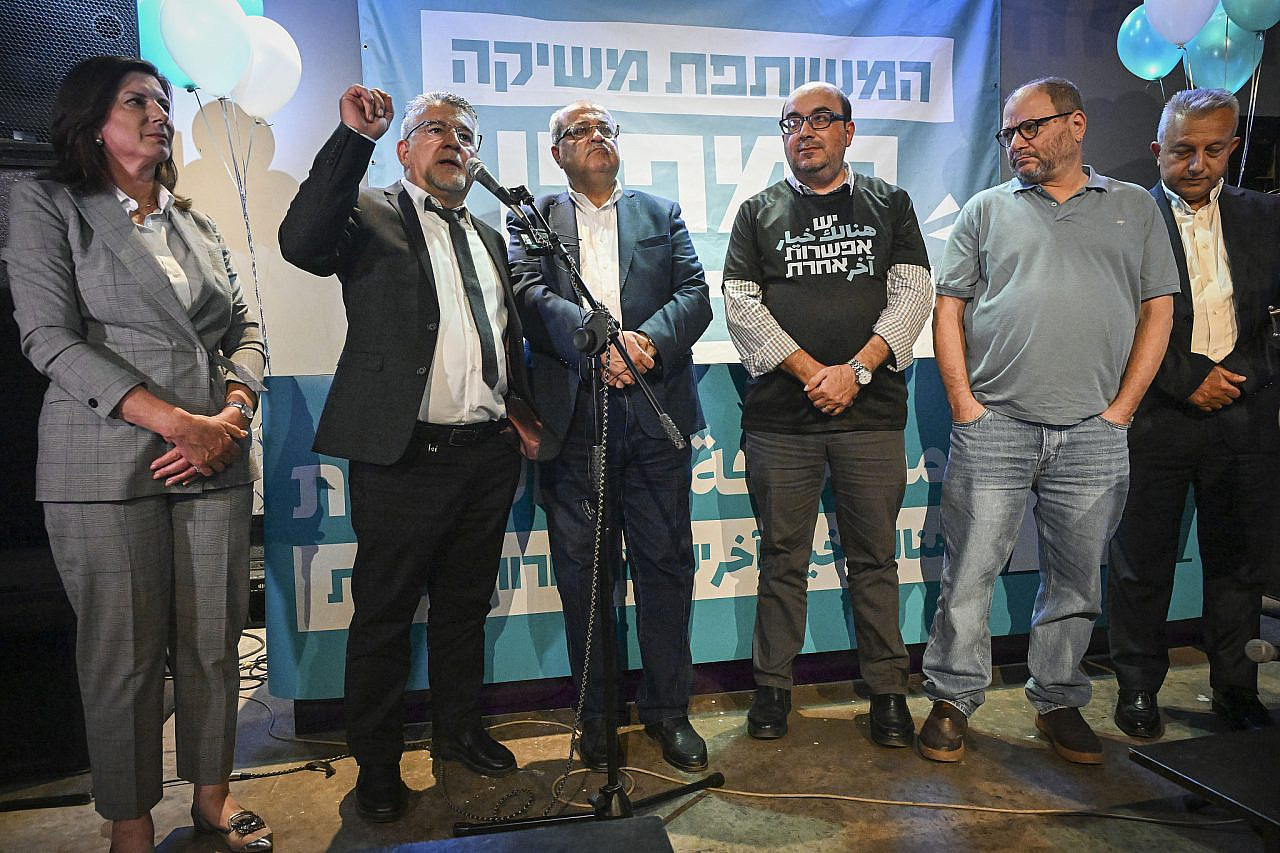 Joint List chairman Yousef Jabareen, MK Ahmad Tibi, Sami Abu Shehadeh and other party members attend the Joint List's campaign launch event ahead of the upcoming Israeli general elections, in Tel Aviv, October 5, 2026. (Avshalom Sassoni/Flash90)