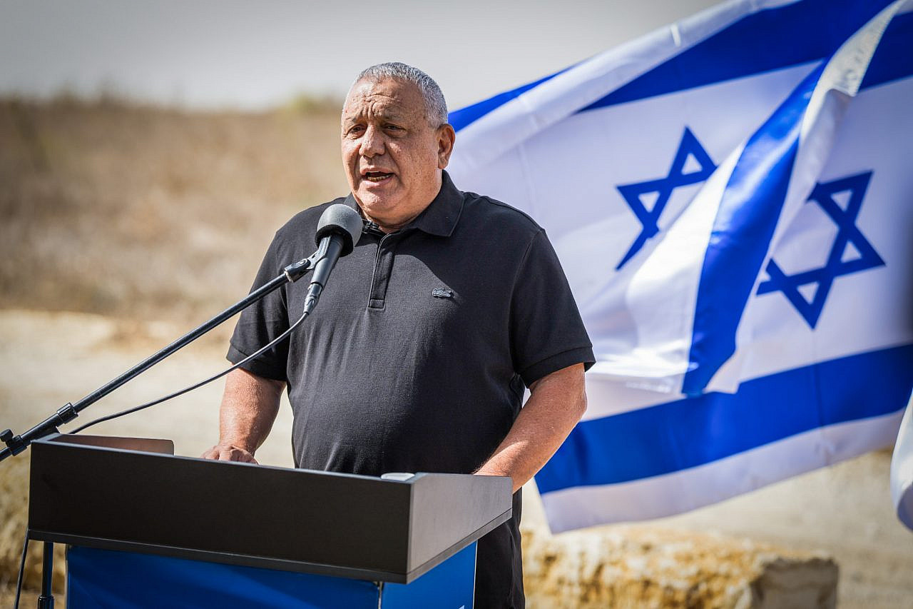 Yashar party chairman Gadi Eisenkot speaks during a press conference near the Israeli fence with the Gaza Strip, October 15, 2026. (Liron Moldovan/Flash90)